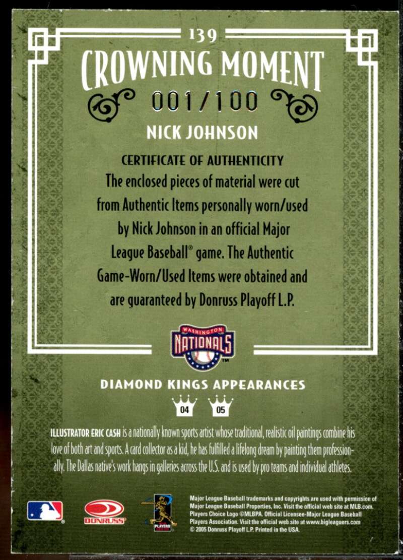 Nick Johnson Bat-Bat/ Card 2005 Diamond Kings Materials Bronze #139  Image 2