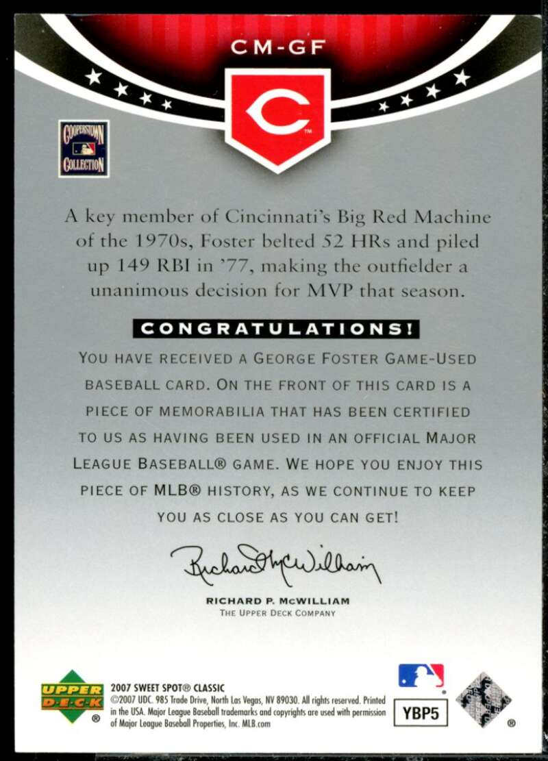 George Foster Card 2007 Sweet Spot Classic Classic Memorabilia #CMGF  Image 2