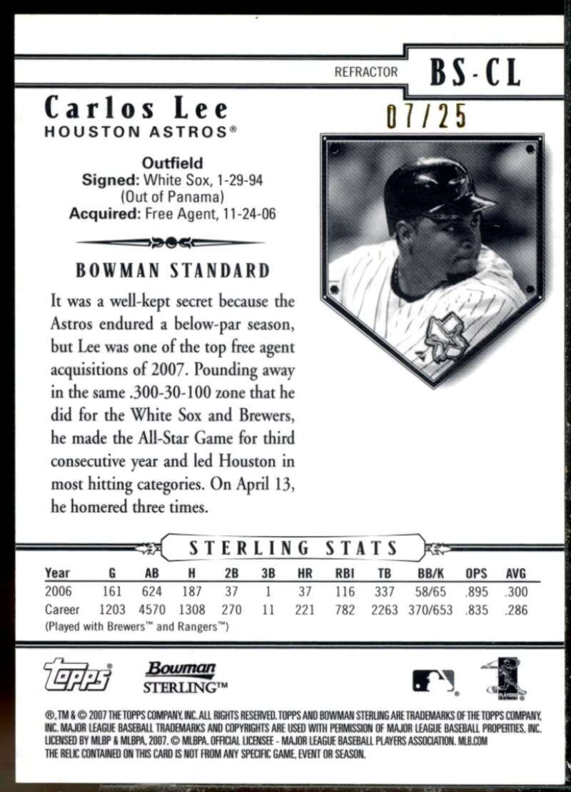 Carlos Lee Mem Card 2007 Bowman Sterling Black Refractors #CL  Image 2