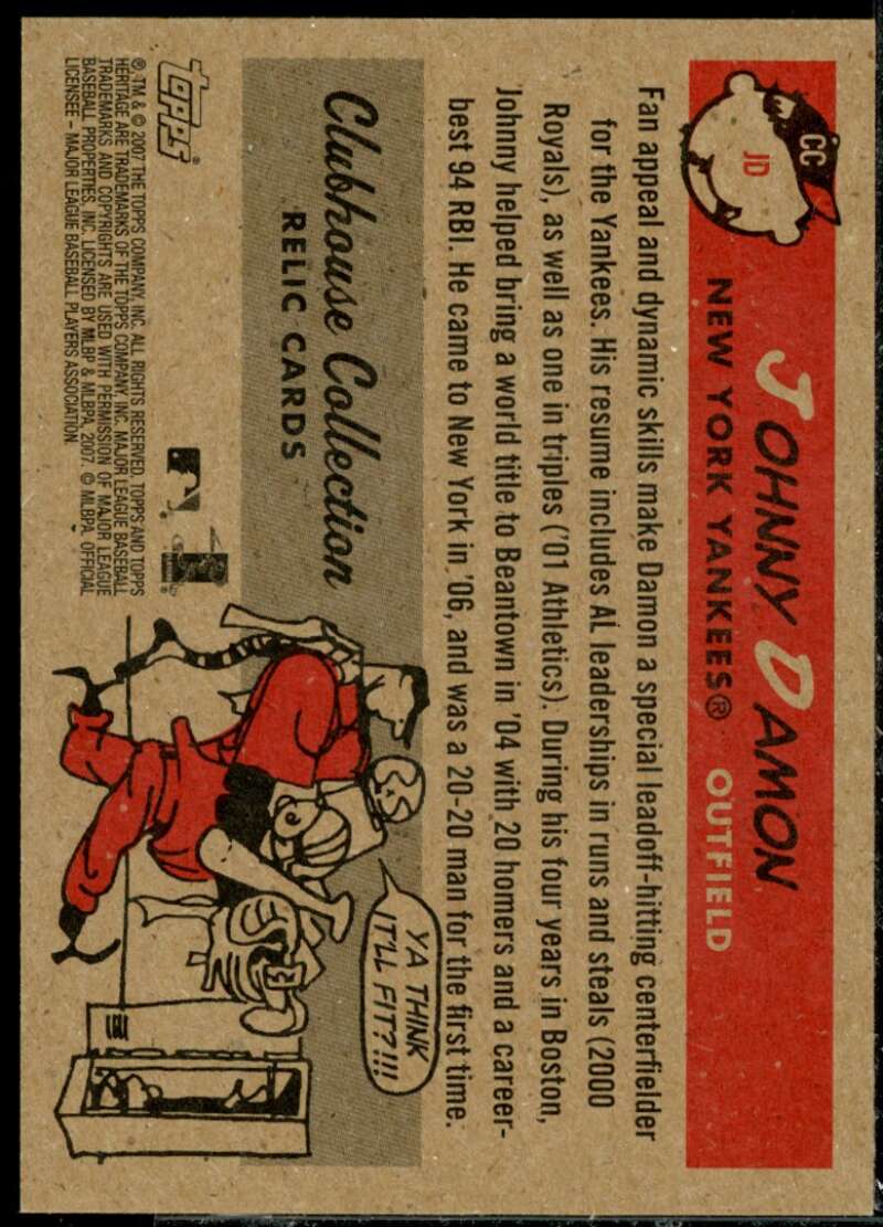 Johnny Damon Bat Card 2007 Topps Heritage Clubhouse Collection Relics #JD  Image 2