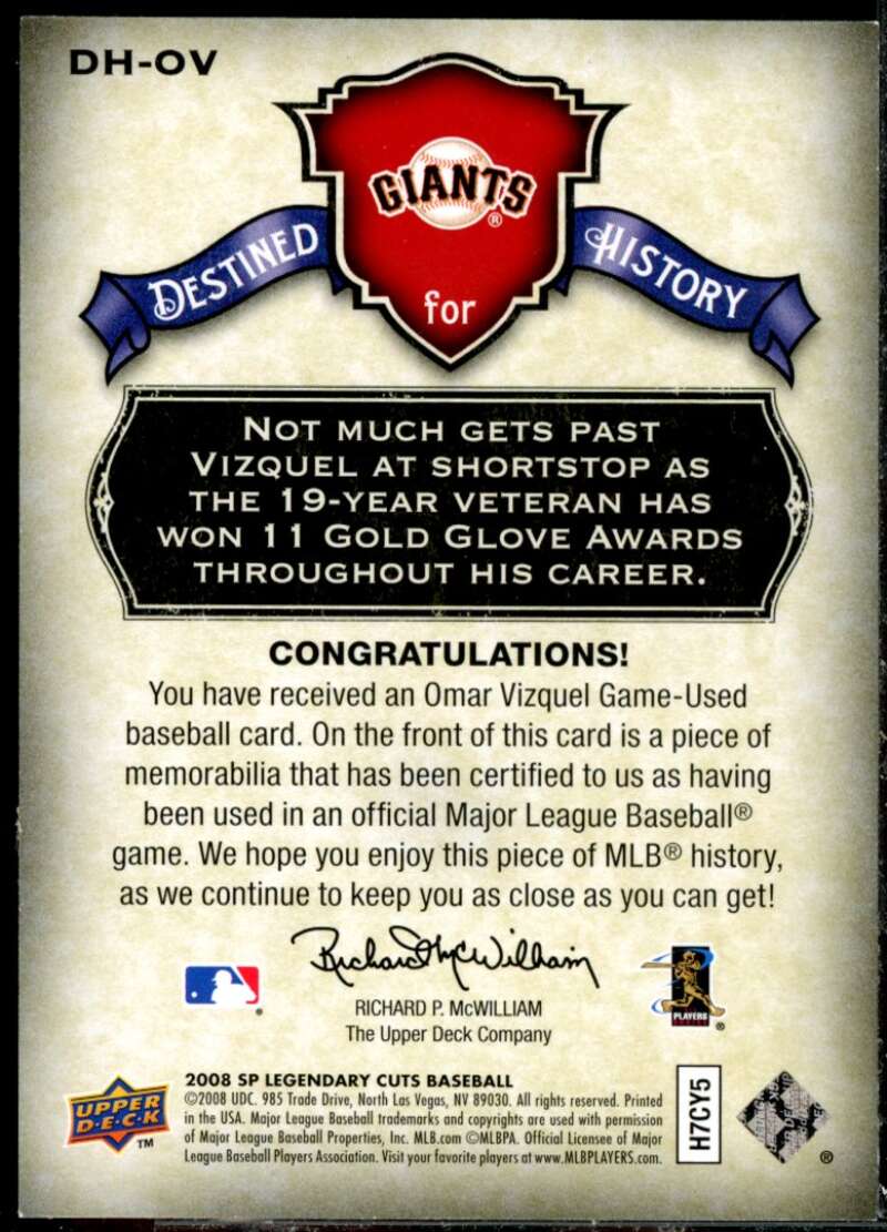 Omar Vizquel Card 2008 SP Legendary Cuts Destined for History Memorabilia #OV  Image 2