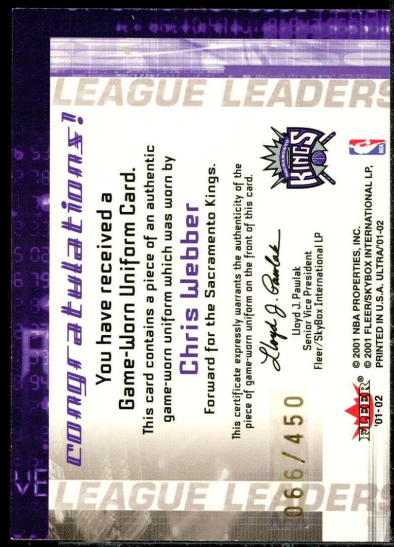 Chris Webber Card 2001-02 Ultra League Leaders Game Worn #9  Image 2