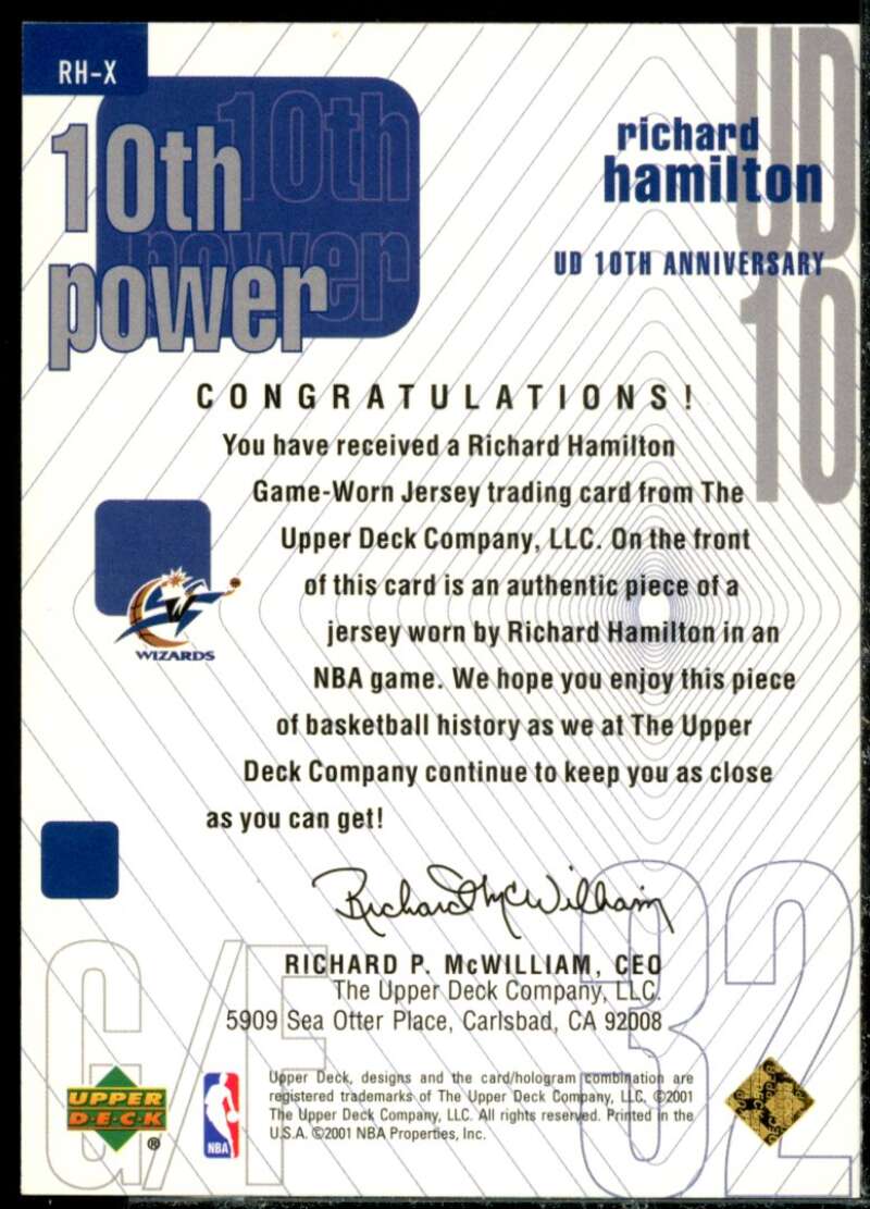 Richard Hamilton Card 2001-02 Upper Deck 10th Power Game Jerseys #RHH  Image 2