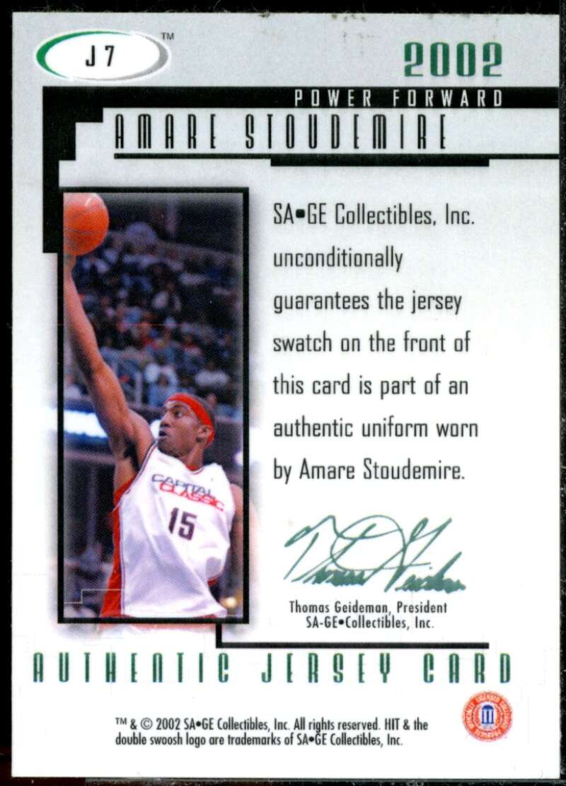 Amare Stoudemire Rookie Card 2002 SAGE HIT Authentic Jerseys #J7  Image 2