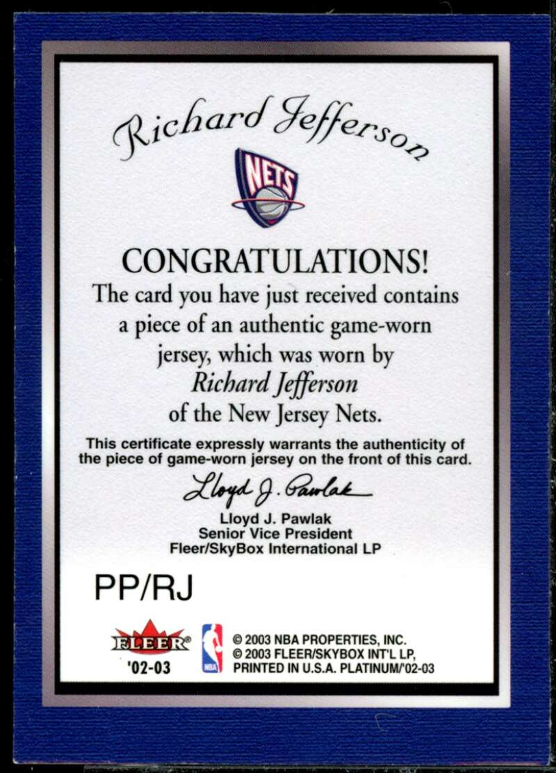 Richard Jefferson Card 2002-03 Fleer Platinum Portraits Game Worn Jerseys #RJ  Image 2