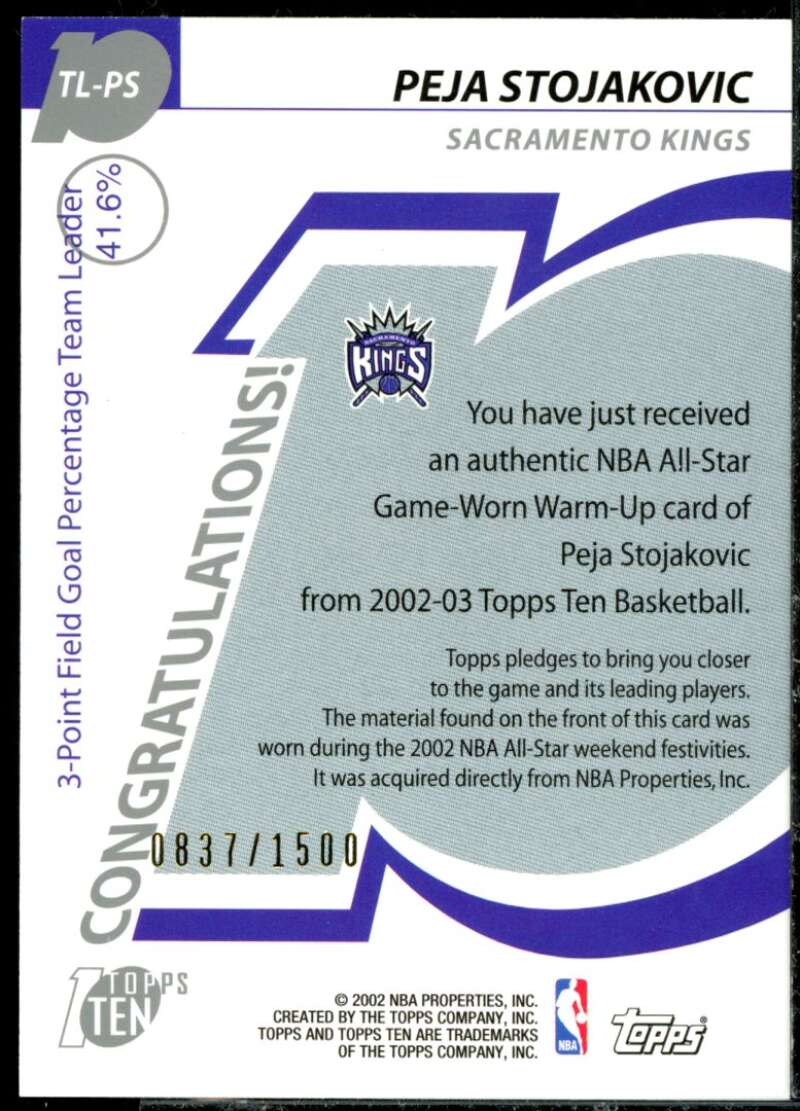 Peja Stojakovic Card 2002-03 Topps Ten Team Leader Relics #TLPS  Image 2