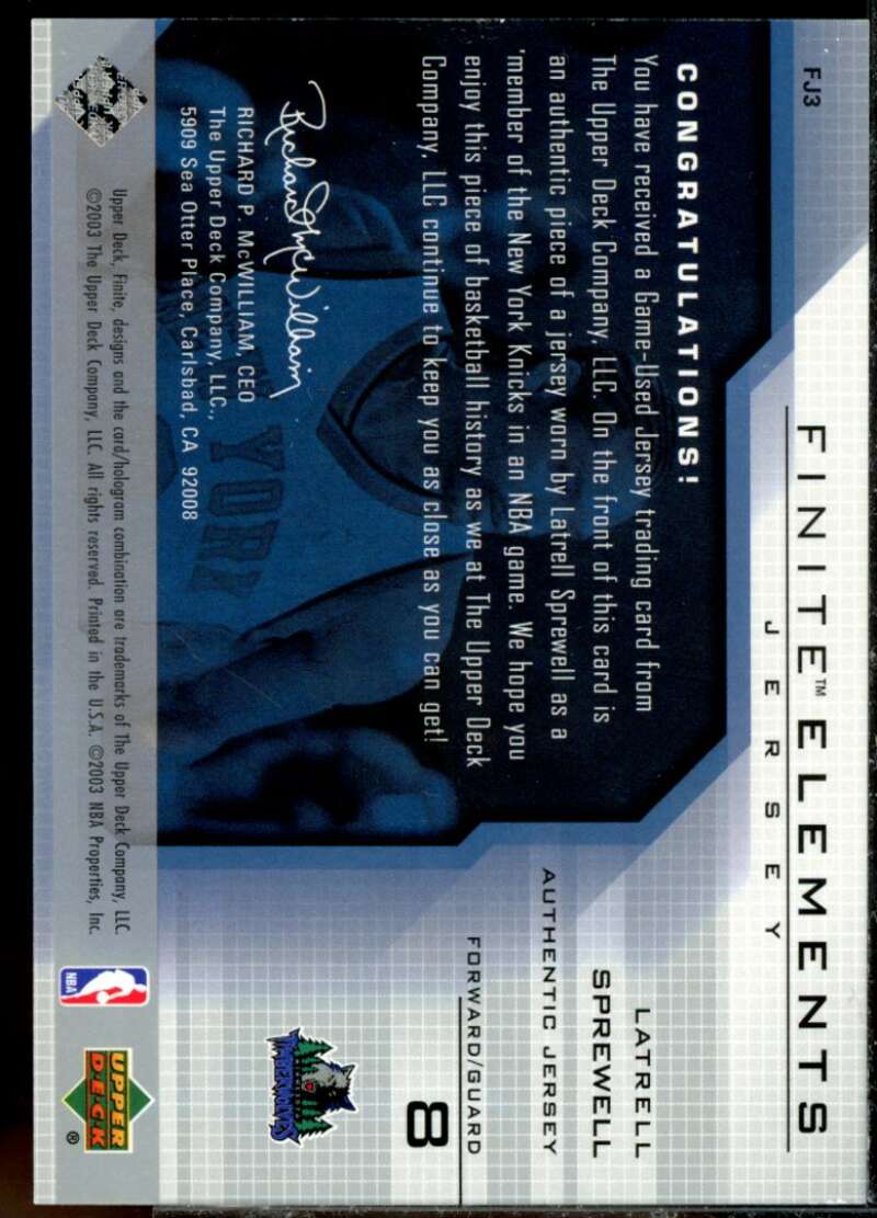 Latrell Sprewell Card 2003-04 Upper Deck Finite Elements Jerseys #FJ3  Image 2