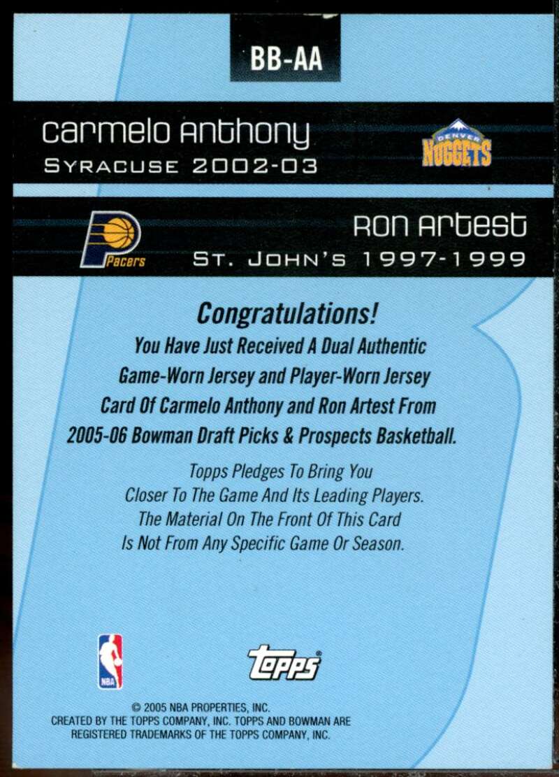 Carmelo Anthony/Ron Artest Card 2005-06 Bowman Beginnings Relics #AA  Image 2