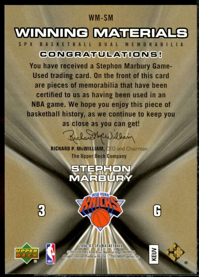 Stephon Marbury Card 2006-07 SPx Winning Materials #WMSM  Image 2