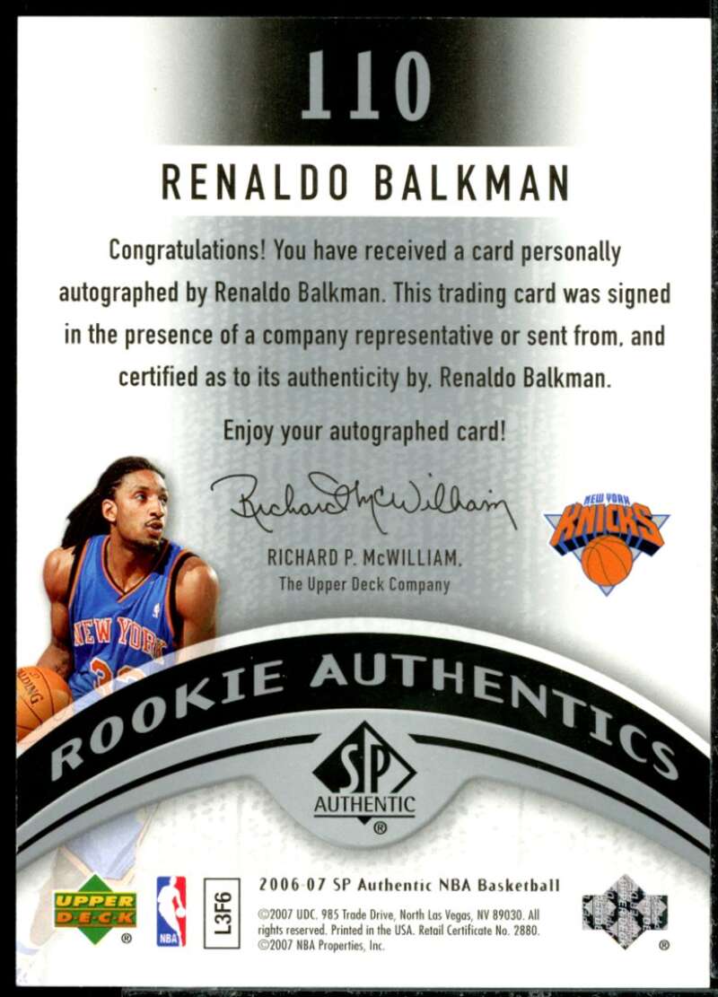 Renaldo Balkman AU Rookie Card 2006-07 SP Authentic #110  Image 2