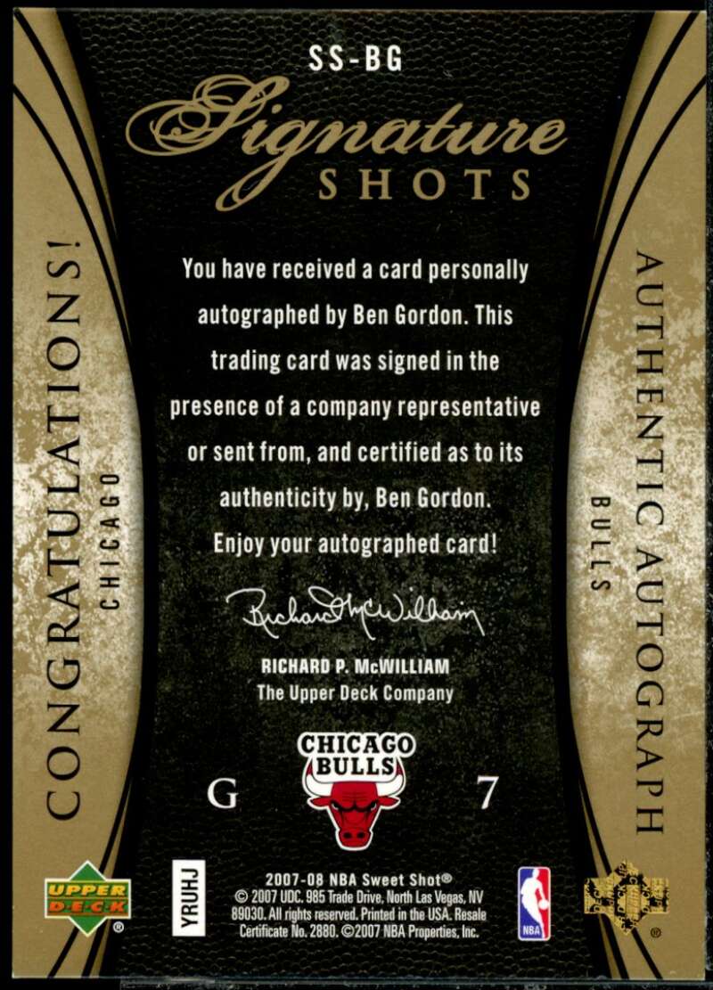 Ben Gordon Card 2007-08 Sweet Shot Signature Shots #BG  Image 2