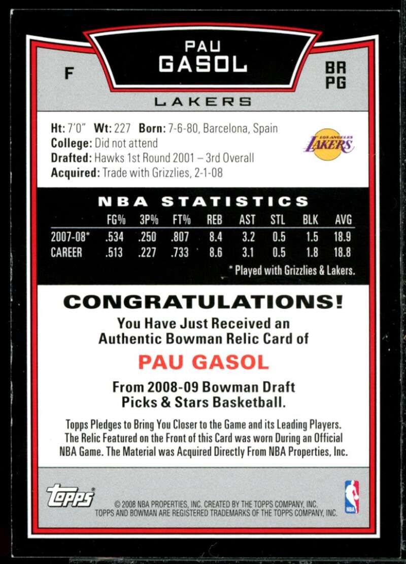 Pau Gasol Card 2008-09 Bowman Relics #BRPG  Image 2