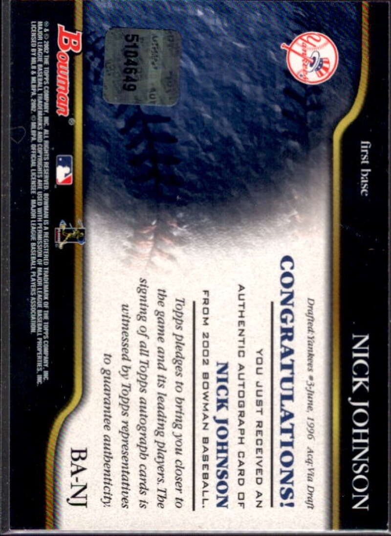Nick Johnson B Card 2002 Bowman Autographs #BANJ  Image 2