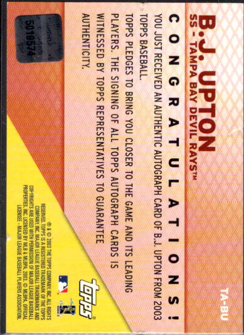 B.J. Upton Card 2003 Topps Autographs #BU  Image 2