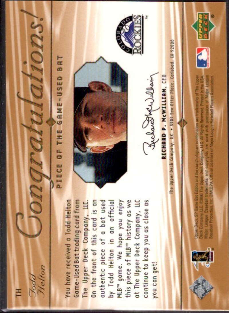 Todd Helton Card 2001 SP Game Bat Edition Piece of the Game #TH  Image 2