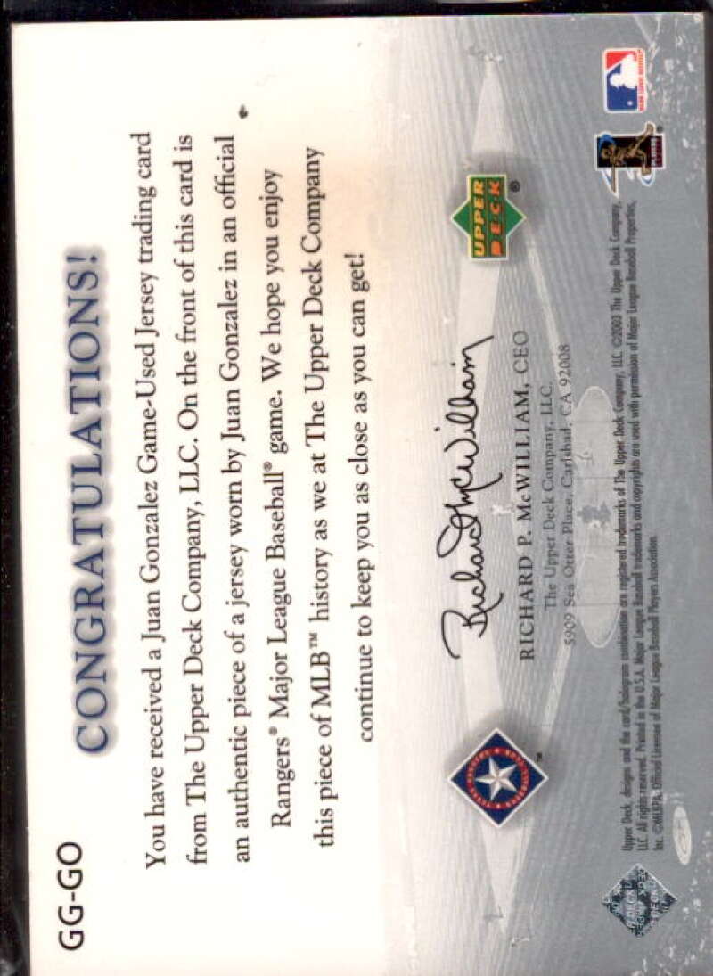 Juan Gonzalez Card 2003 Upper Deck Game Face Gear #JG  Image 2