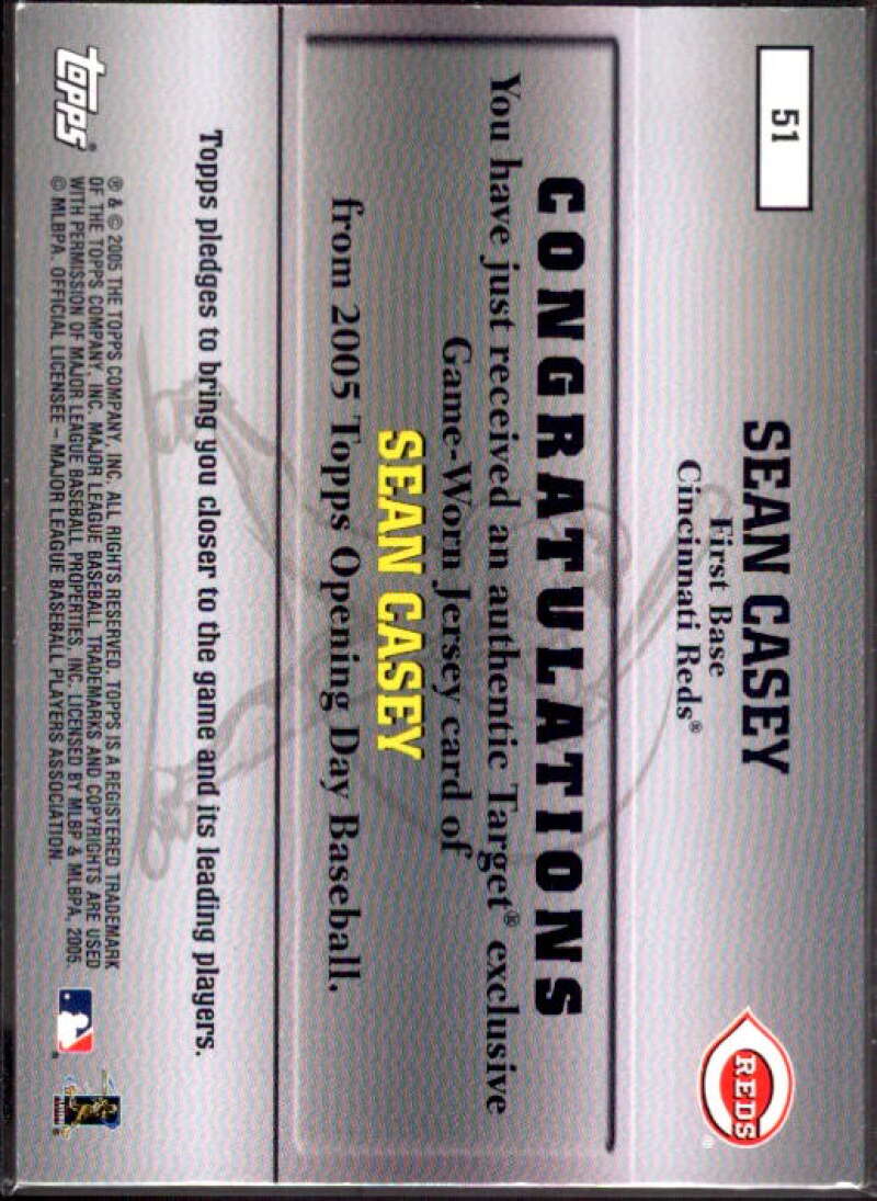 Sean Casey Card 2005 Topps Opening Day MLB Game Worn Jersey Collection #51  Image 2