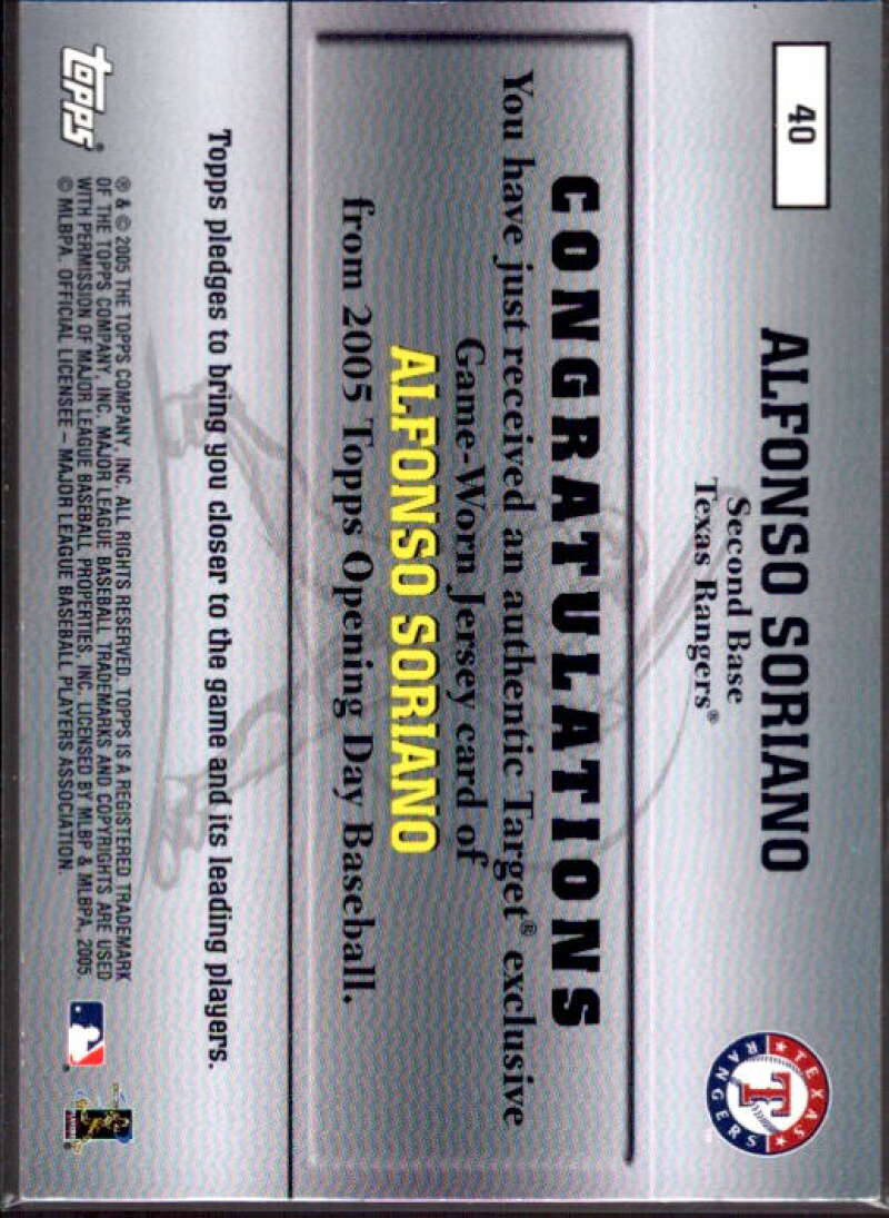 Alfonso Soriano Card 2005 Topps Opening Day MLB Game Worn Jersey Collection #40  Image 2