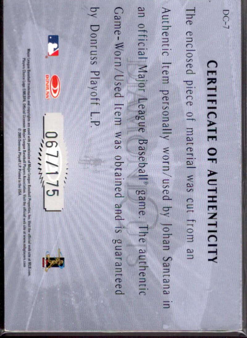 Johan Santana Card 2005 Studio Diamond Cuts Jersey #7  Image 2