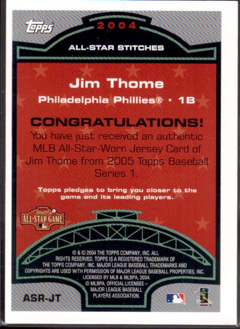 Jim Thome Card 2005 Topps All-Star Stitches Relics #JT  Image 2