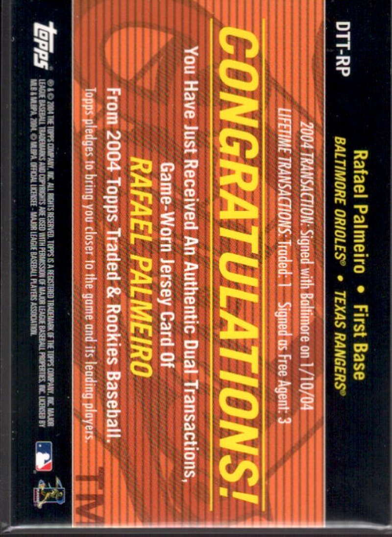Rafael Palmeiro O's-Rgr Card 2004 Topps Traded Transactions Dual Relics #RP  Image 2