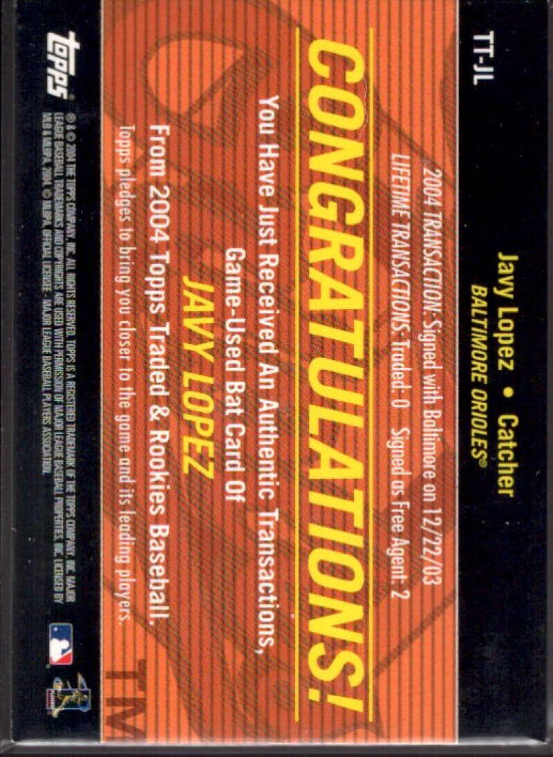 Javy Lopez Bat Card 2004 Topps Traded Transactions Relics #JL  Image 2