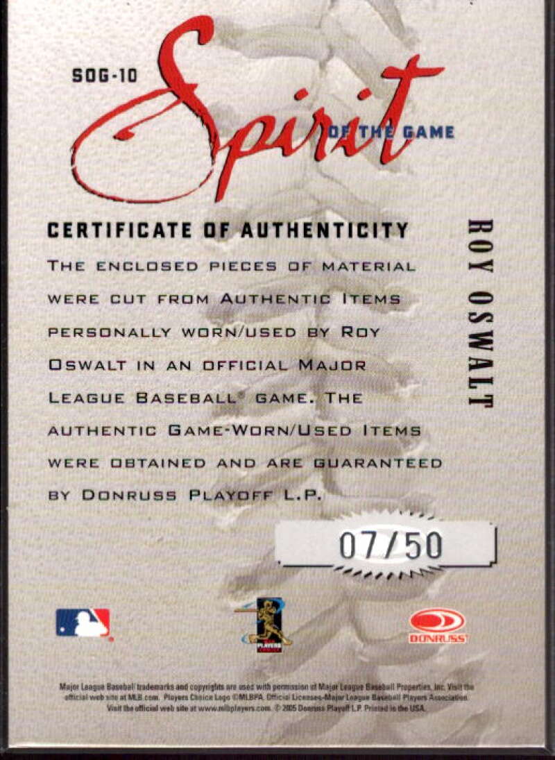 Roy Oswalt Bat-Jsy Card 2005 Studio Spirit of the Game Combo #10  Image 2