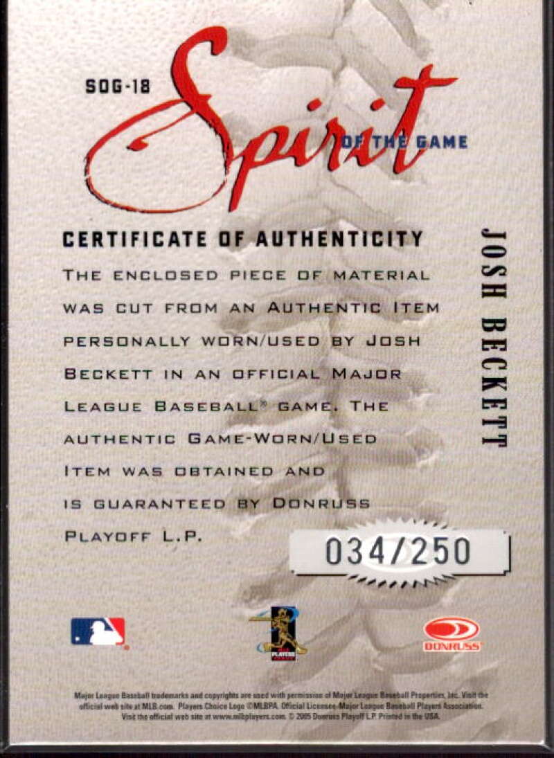 Josh Beckett Card 2005 Studio Spirit of the Game Jersey #18  Image 2
