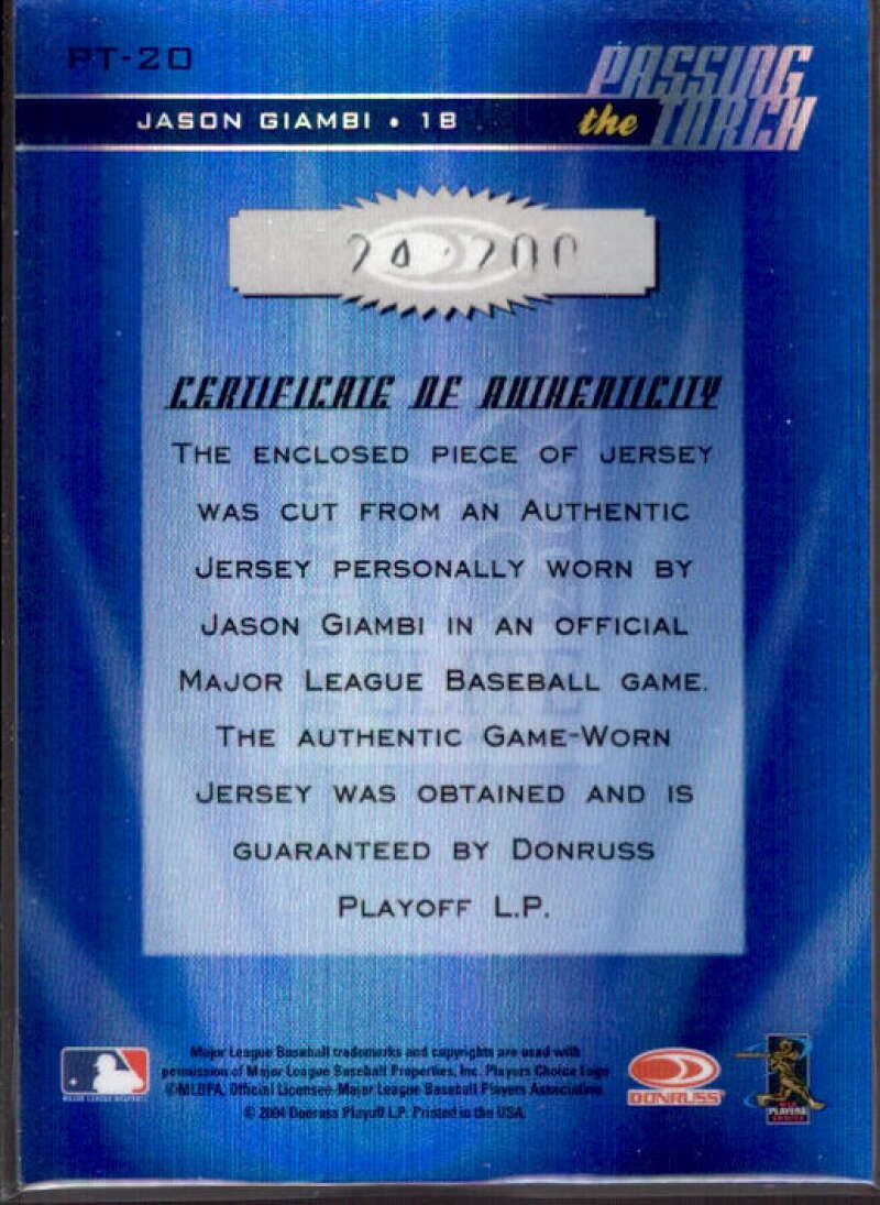 Jason Giambi/200 Card 2004 Donruss Elite Passing the Torch Jerseys #20  Image 2