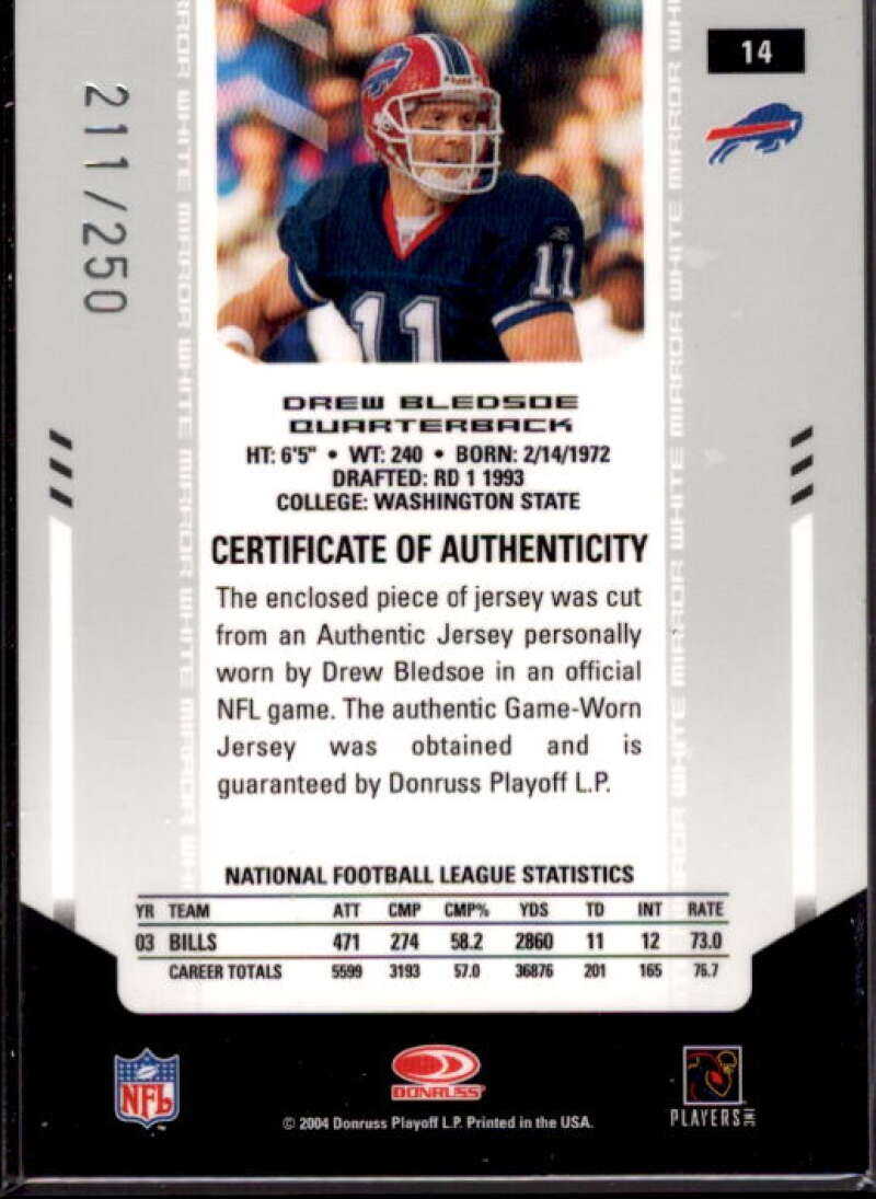 Drew Bledsoe Card 2004 Leaf Certified Materials Mirror White Materials –