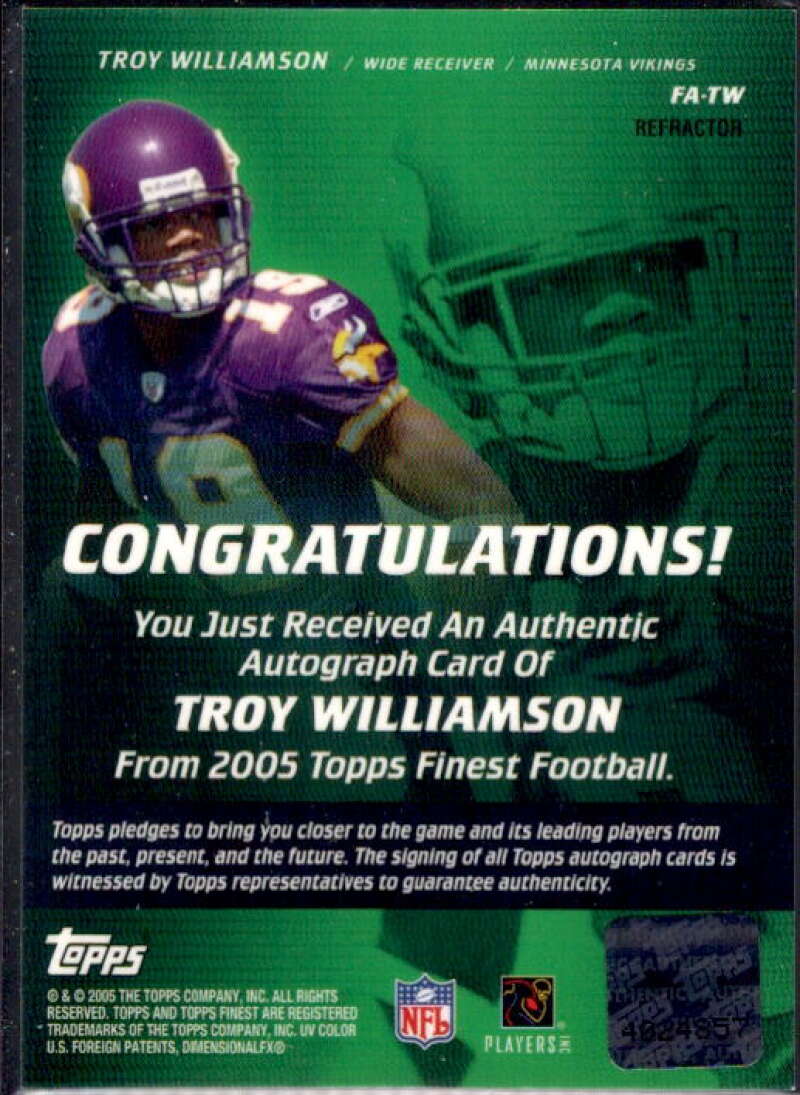 Troy Williamson Card 2005 Finest Autographs Refractor #FATW  Image 2