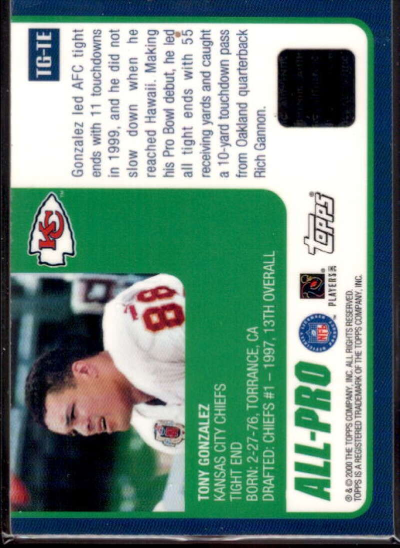 Tony Gonzalez Card 2000 Topps Pro Bowl Jerseys #TGTE  Image 2