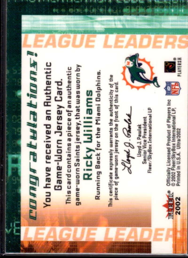 Ricky Williams Card 2002 Ultra League Leaders Memorabilia #18  Image 2