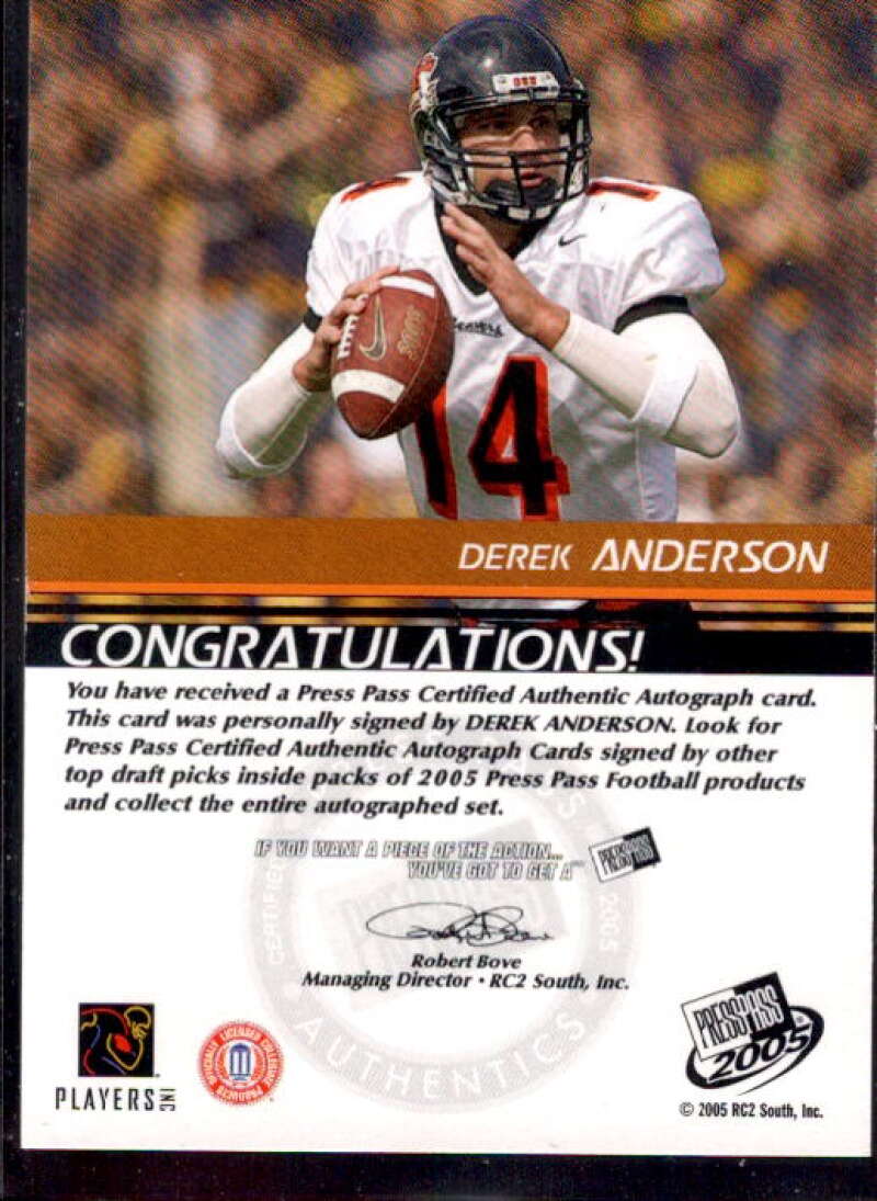 Derek Anderson Card 2005 Press Pass Autographs Silver #1  Image 2