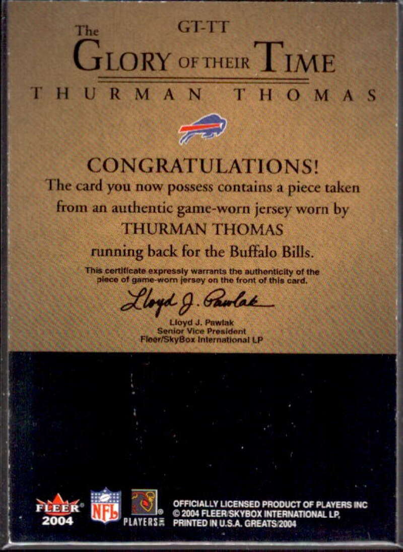 Thurman Thomas 2004 Greats of the Game Glory of Their Time Game Used Gold #TT  Image 2