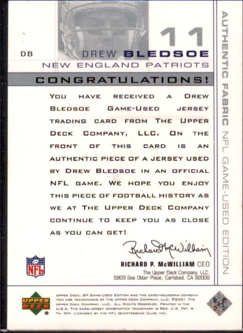 Drew Bledsoe Card 2001 SP Game Used Edition Authentic Fabric #DB  Image 2