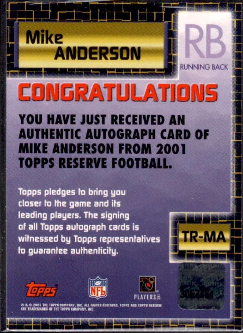 Mike Anderson Card 2001 Topps Reserve Autographs #TRMA  Image 2