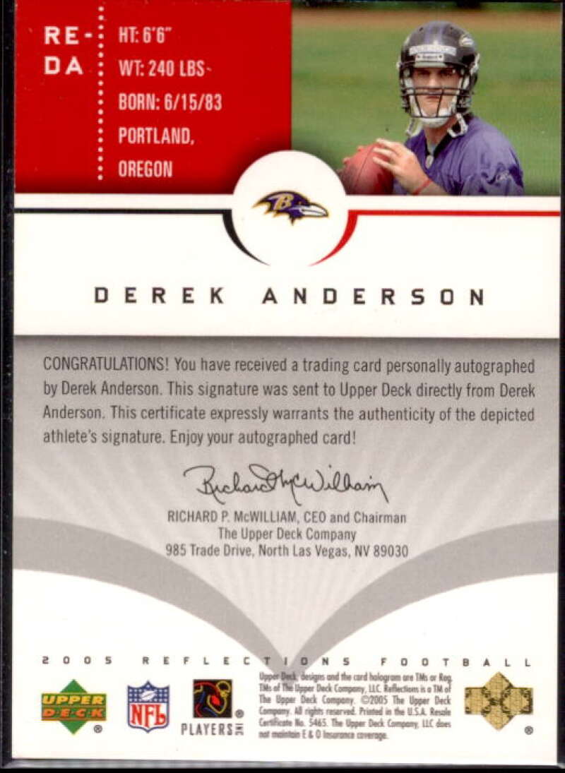 Derek Anderson Card 2005 Reflections Rookie Exclusives Autographs Red #REDA  Image 2