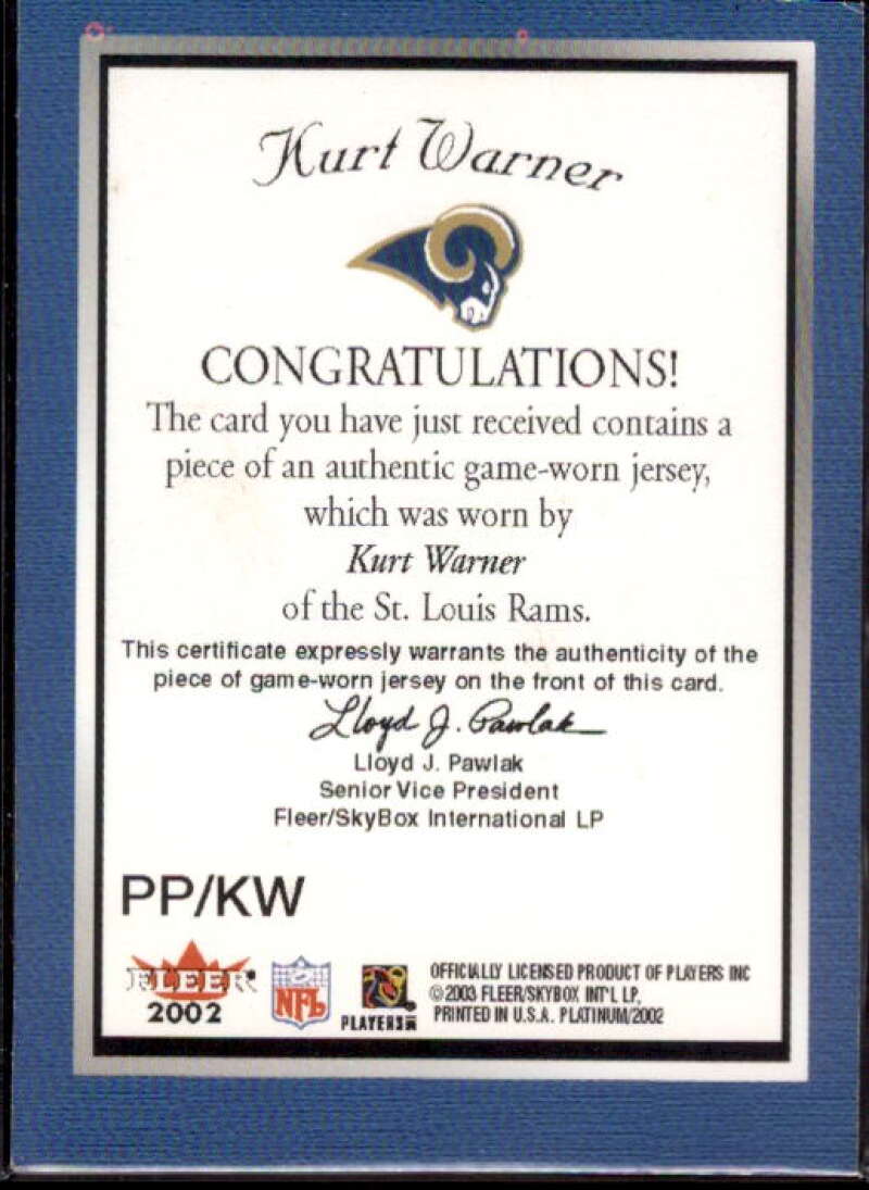 Kurt Warner Card 2002 Fleer Platinum Portraits Memorabilia #PPKW  Image 2