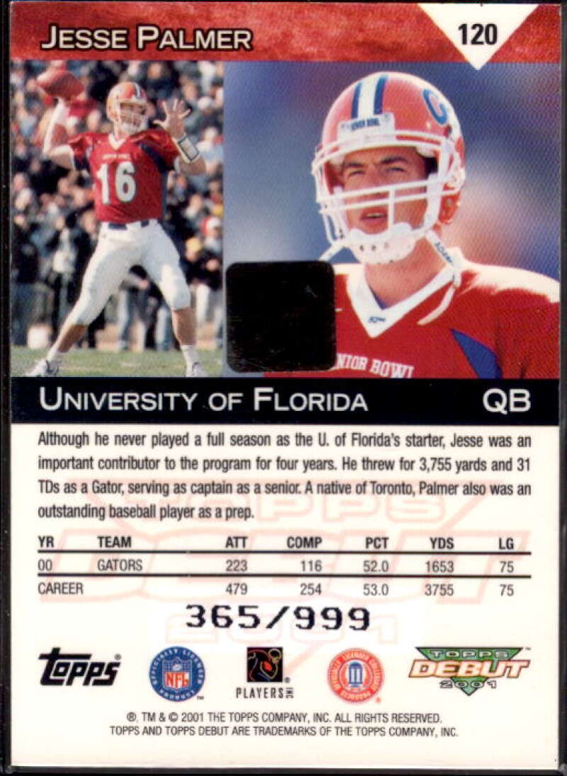 Jesse Palmer JSY RC Card 2001 Topps Debut #120  Image 2