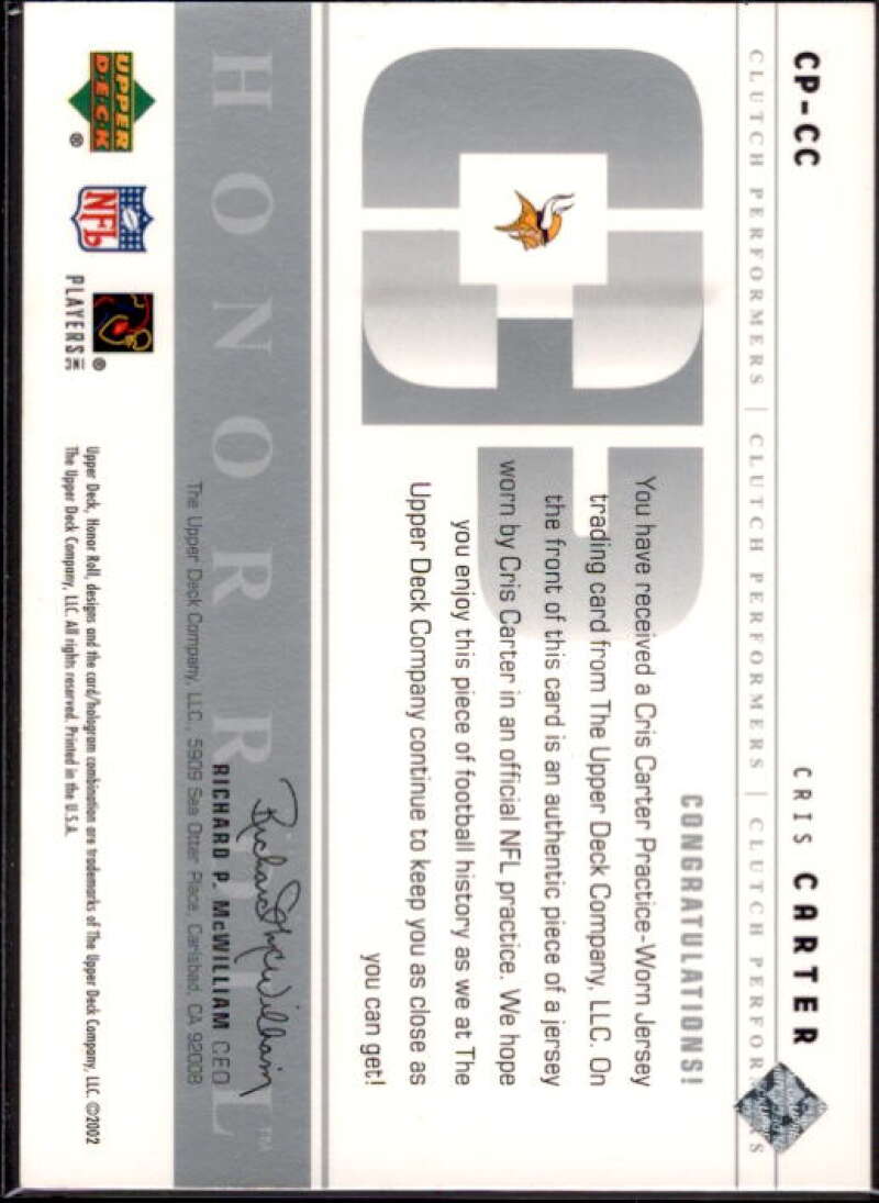 Cris Carter Card 2002 Upper Deck Honor Roll Clutch Performers Jerseys #CPCC  Image 2