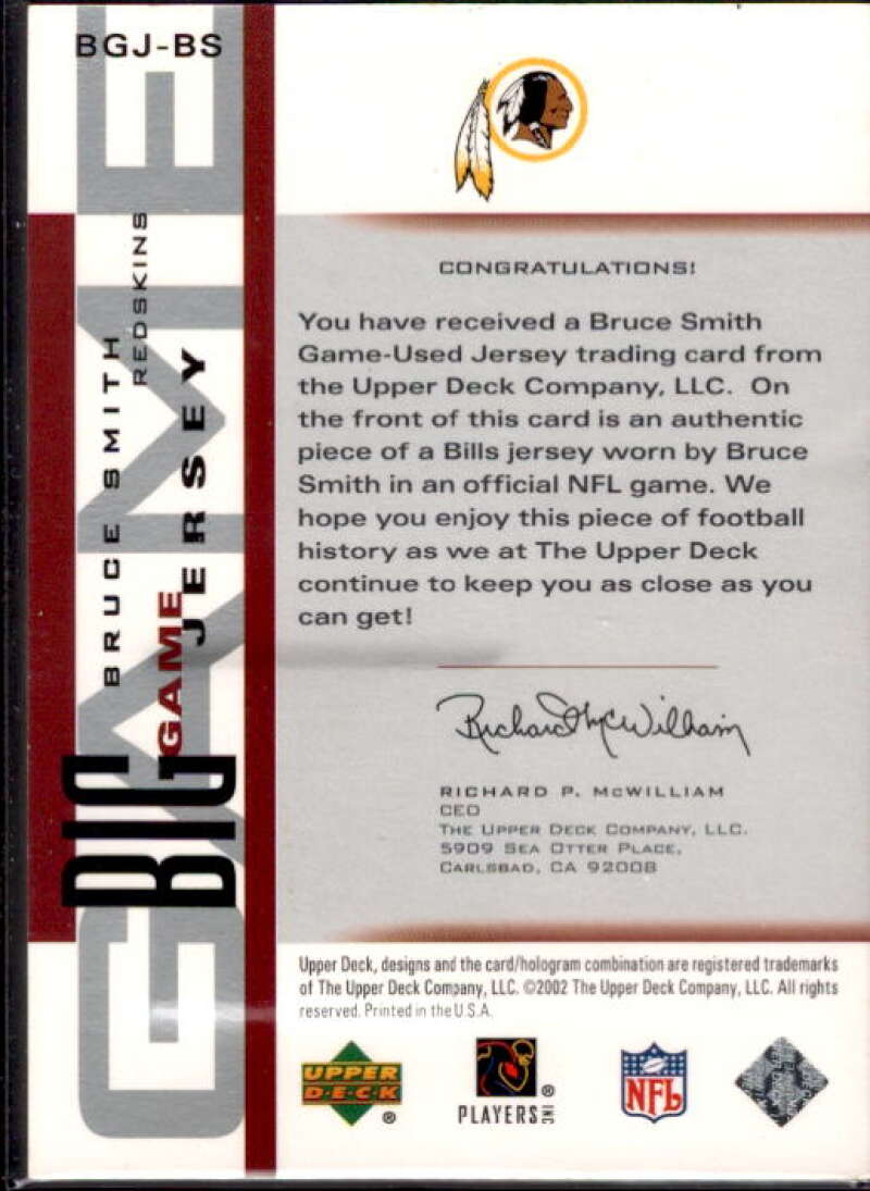 Bruce Smith Card 2002 UD Piece of History The Big Game Jerseys #BGJBS  Image 2