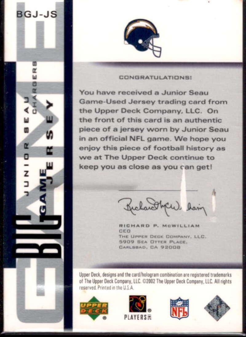 Junior Seau Card 2002 UD Piece of History The Big Game Jerseys #BGJJS  Image 2