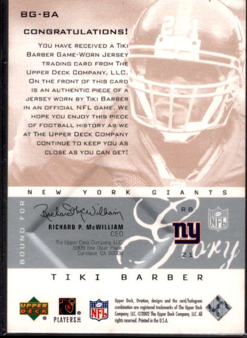 Tiki Barber Card 2002 Upper Deck Ovation Bound for Glory Jerseys #BGTB  Image 2