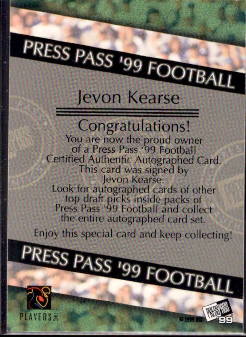 Jevon Kearse Card 1999 Press Pass Autographs #9  Image 2