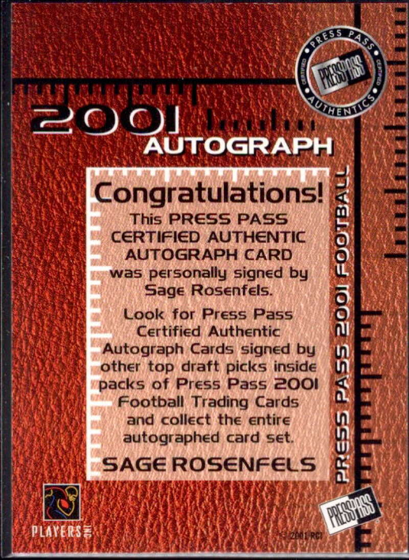 Sage Rosenfels Card 2001 Press Pass Autographs #39  Image 2