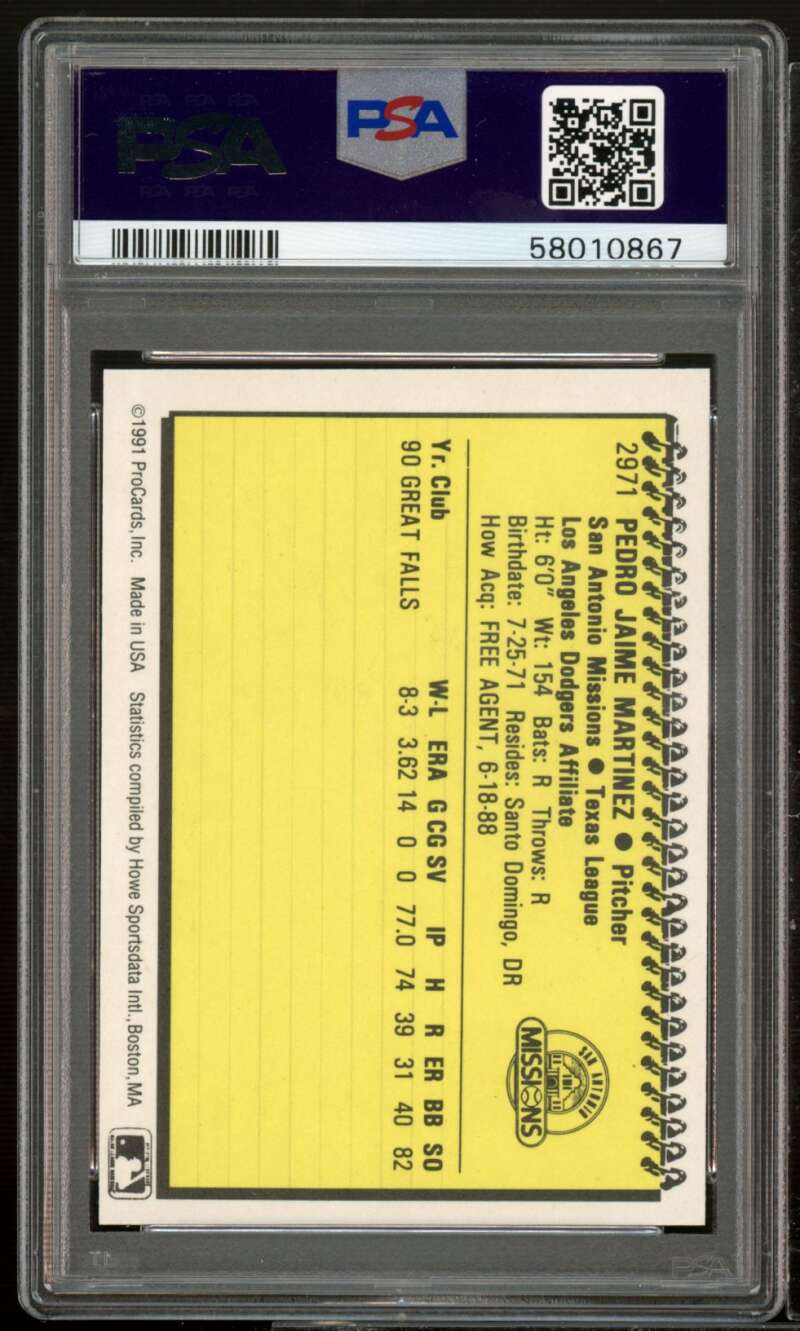 Pedro Martinez Rookie Card 1991 Procards San Antonio Missions #2971 PSA 9 Image 2