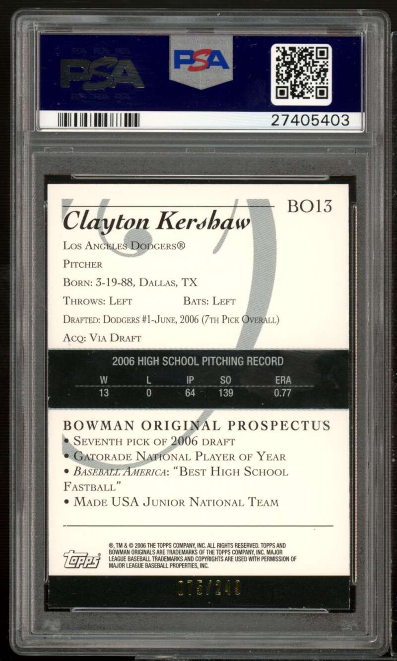 Clayton Kershaw Rookie 2006 Bowman Originals Prospects Blue (pop 3) #B –