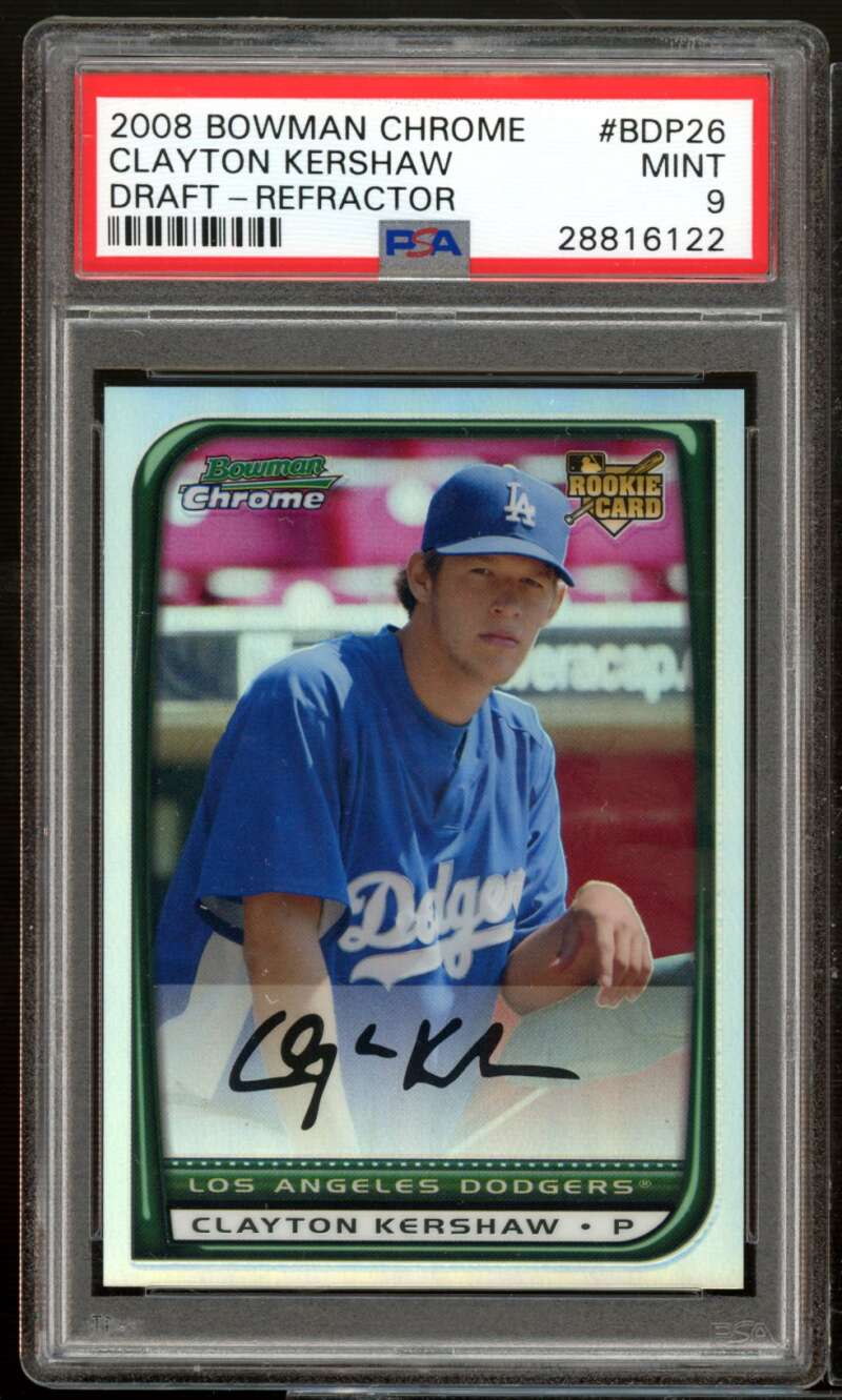 Clayton Kershaw Rookie Card 2008 Bowman Chrome Draft Refractor #BDP26 PSA 9 Image 1