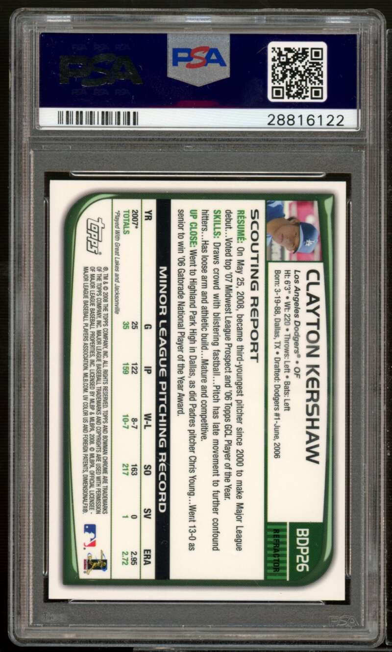 Clayton Kershaw Rookie Card 2008 Bowman Chrome Draft Refractor #BDP26 PSA 9 Image 2